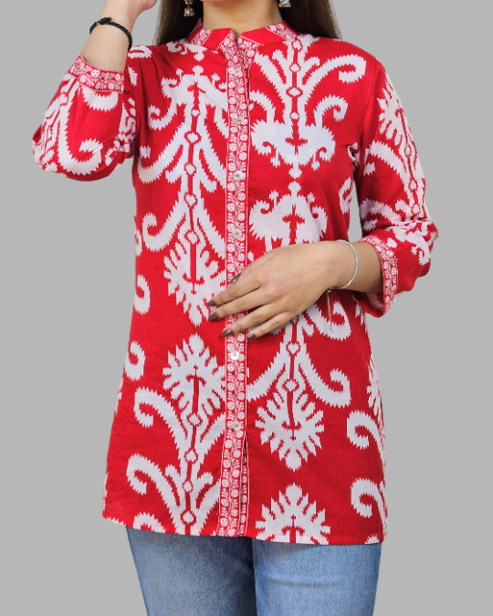 Red Floral Ikkat Print Kurti