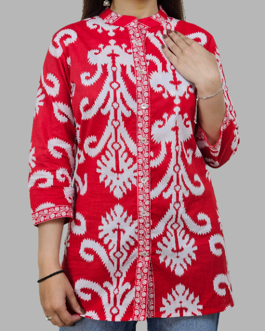 Red Floral Ikkat Print Kurti