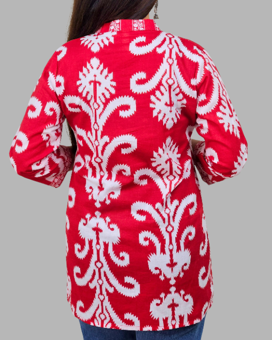 Red Floral Ikkat Print Kurti