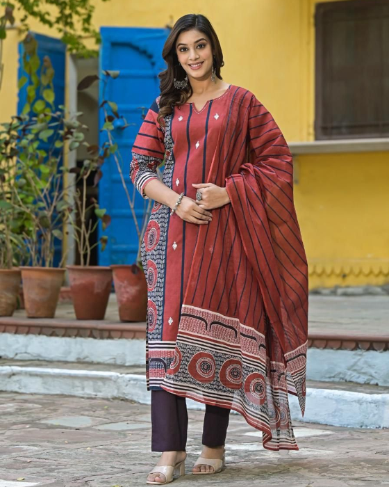 Rust Ajrak Print 3 Pcs Suit