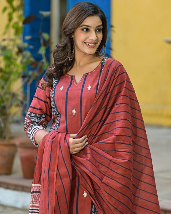 Rust Ajrak Print 3 Pcs Suit