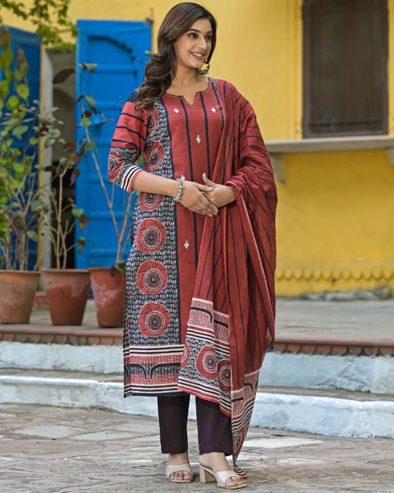 Rust Ajrak Print 3 Pcs Suit