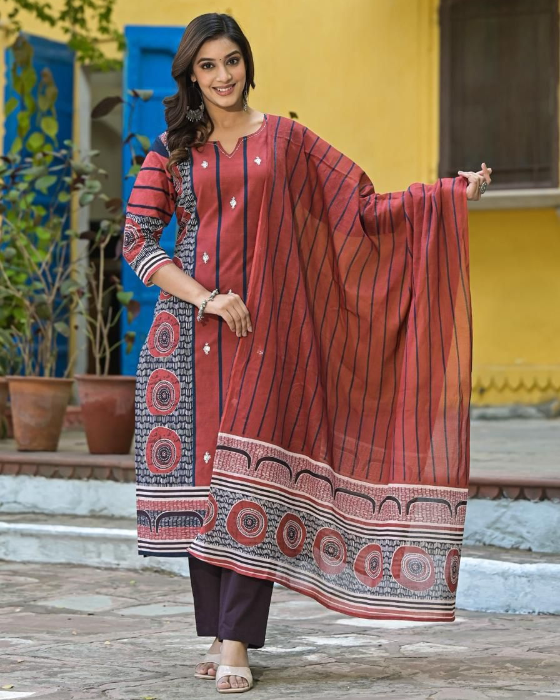 Rust Ajrak Print 3 Pcs Suit