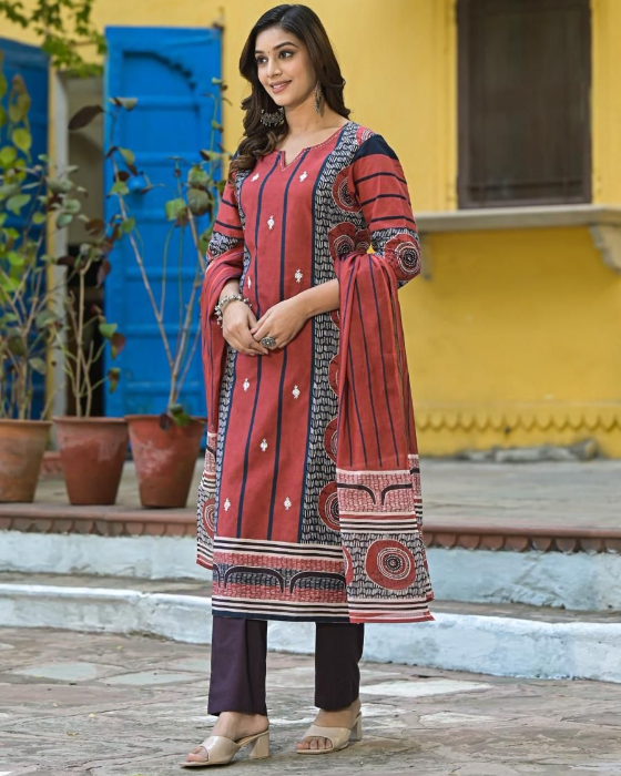 Rust Ajrak Print 3 Pcs Suit