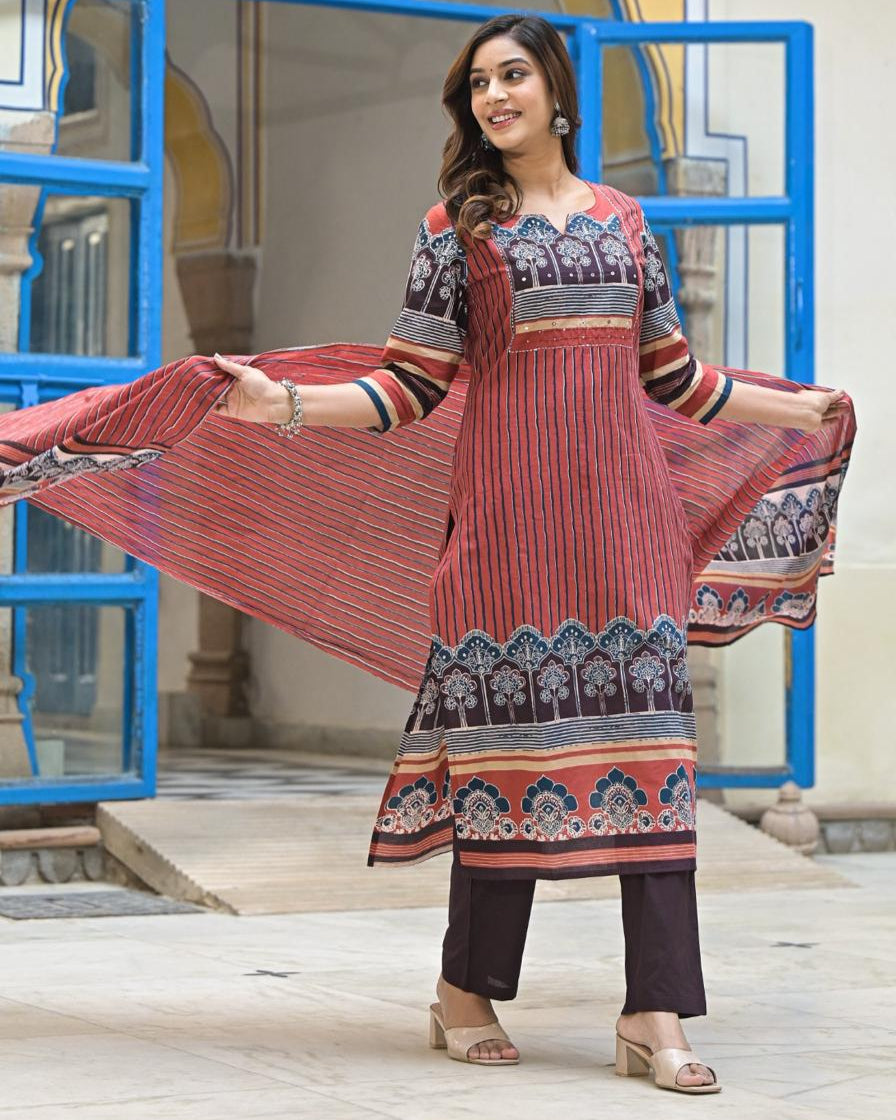 Rust Ajrak Print with Vertical Lines 3 Pcs Suit