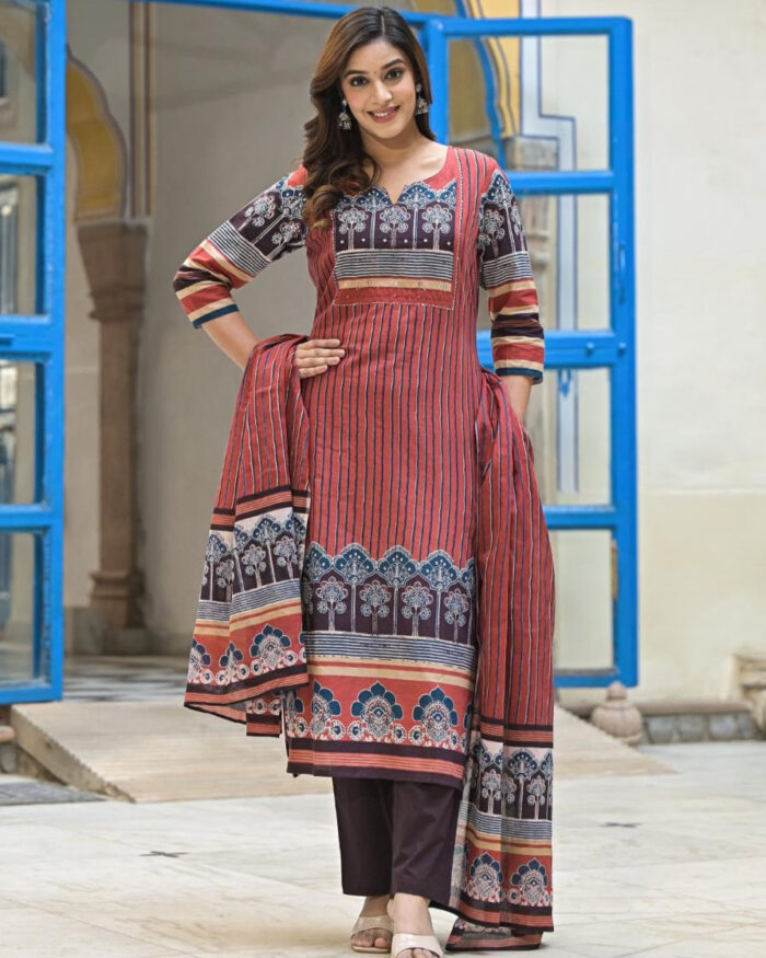 Rust Ajrak Print with Vertical Lines 3 Pcs Suit