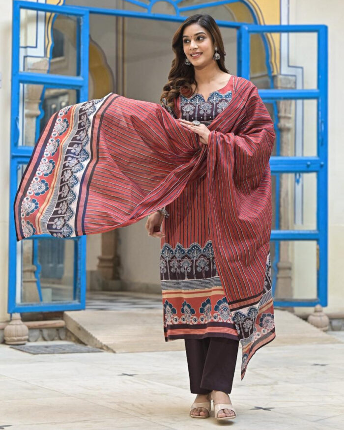 Rust Ajrak Print with Vertical Lines 3 Pcs Suit