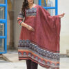 Rust Ajrak Print with Vertical Lines 3 Pcs Suit