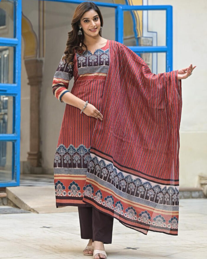 Rust Ajrak Print with Vertical Lines 3 Pcs Suit