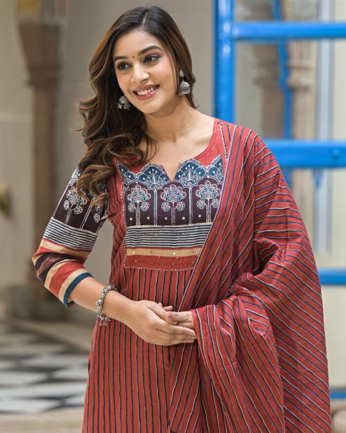 Rust Ajrak Print with Vertical Lines 3 Pcs Suit