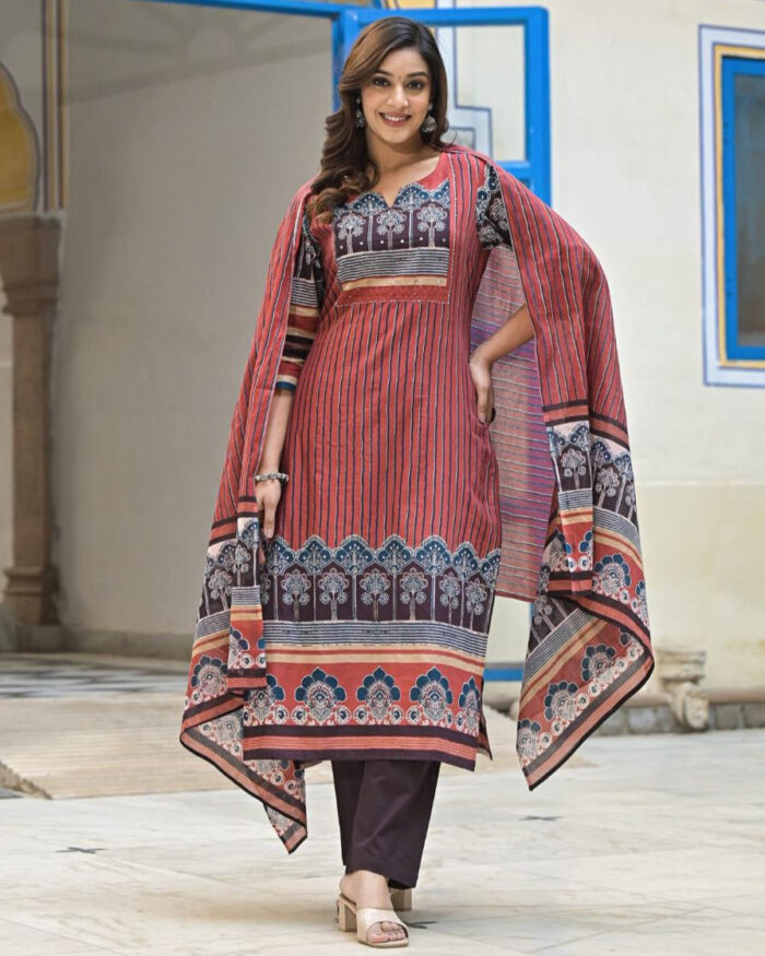 Rust Ajrak Print with Vertical Lines 3 Pcs Suit