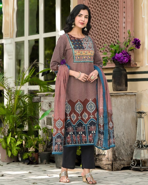 Rust_Round_Neck_Ajrak_Print_3_Pcs_Suit Rust Round Neck Ajrak Print 3 Pcs Suit