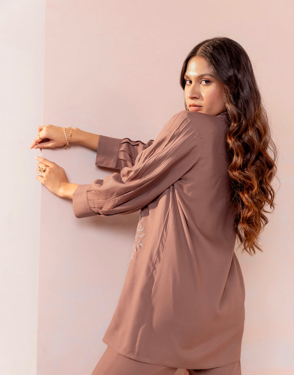 metallic brown embroidered co-ord set trooking