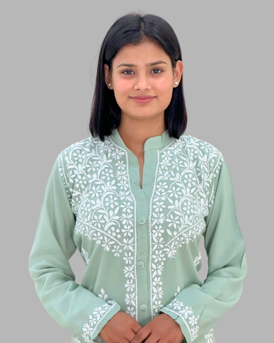 women sea green chikankari cotton kurta set