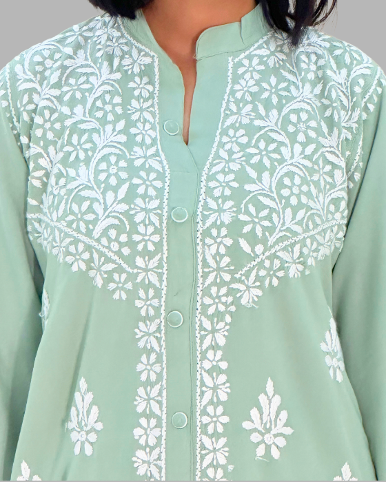 women sea green chikankari cotton kurta set