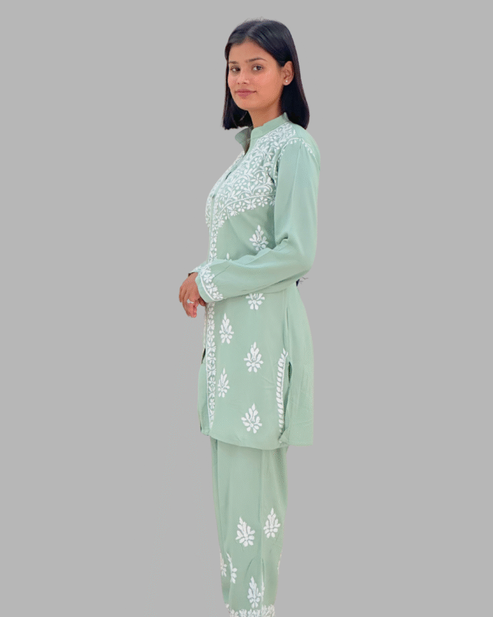 women sea green chikankari cotton kurta set