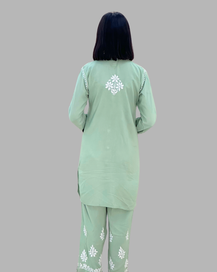 women sea green chikankari cotton kurta set