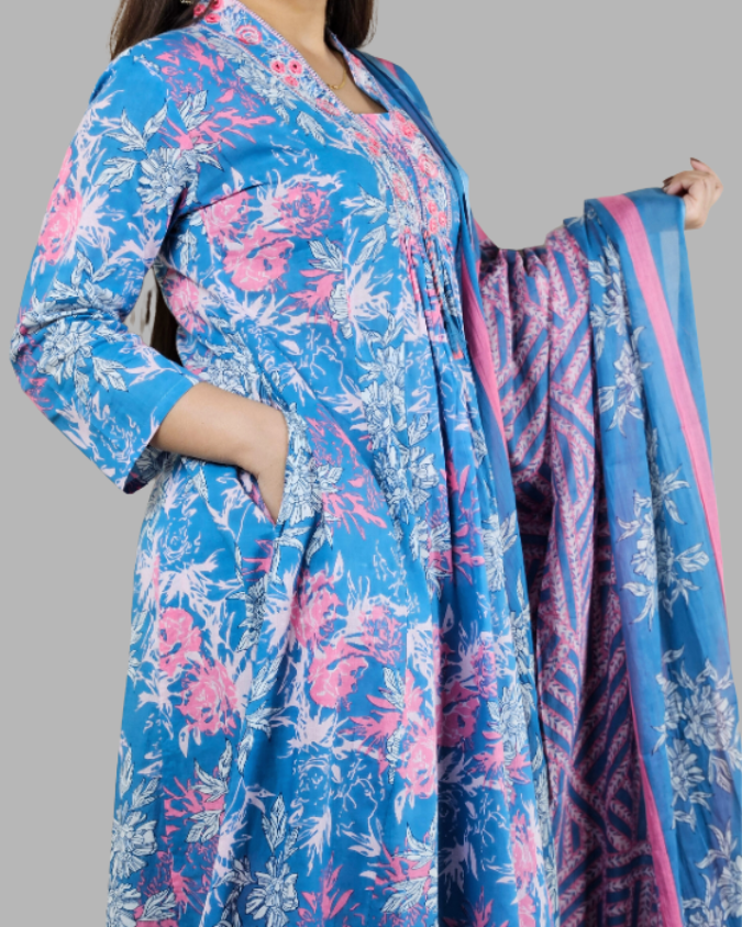 Sky Blue Alia Embroidery A Line Flare Kurti Set