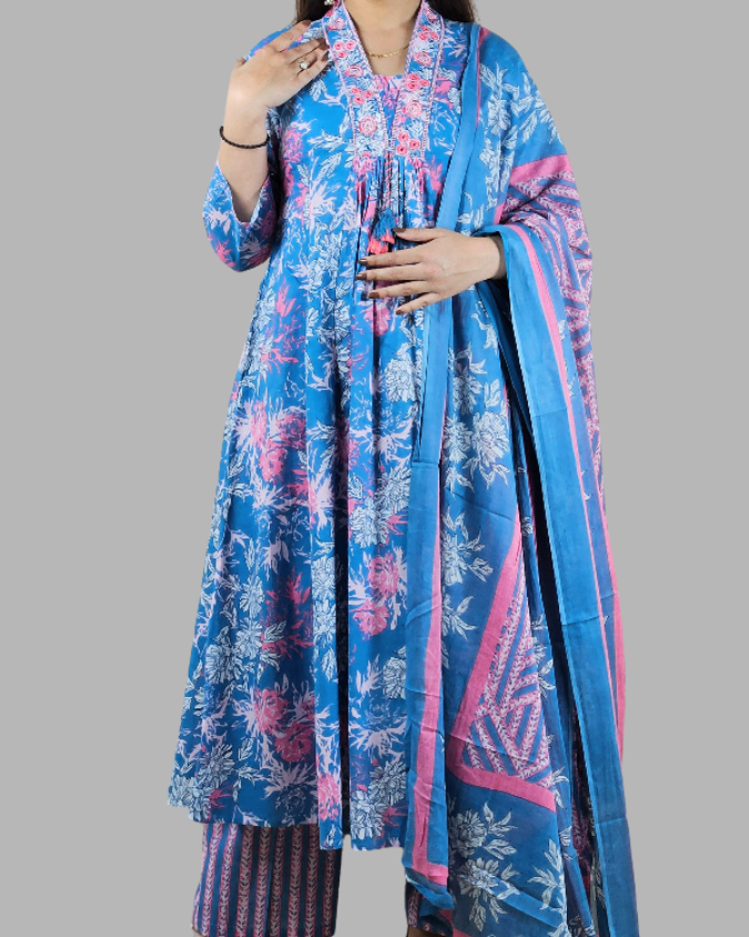 Sky Blue Alia Embroidery A Line Flare Kurti Set