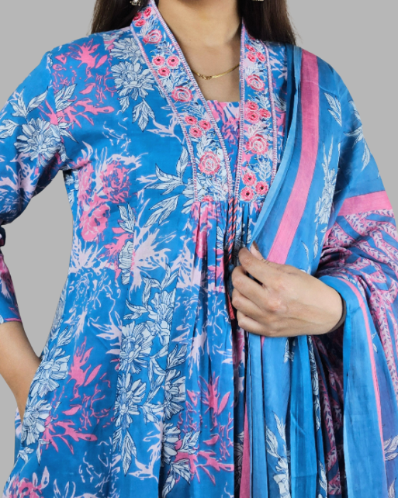 Sky Blue Alia Embroidery A Line Flare Kurti Set