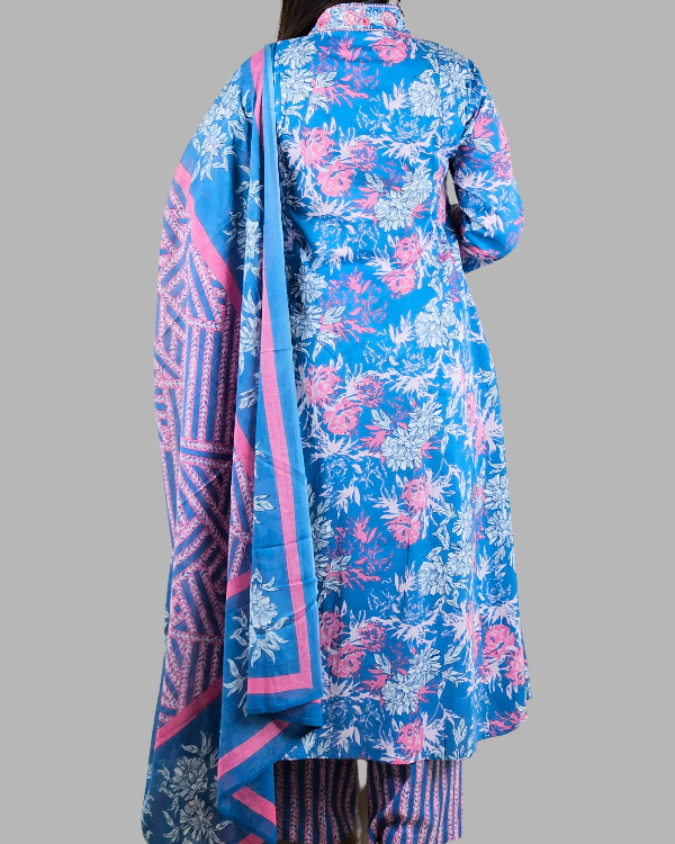 Sky Blue Alia Embroidery A Line Flare Kurti Set