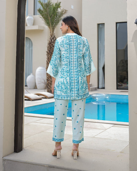 Sky Blue Floral Digital Print 2 Pcs Co-ord Set