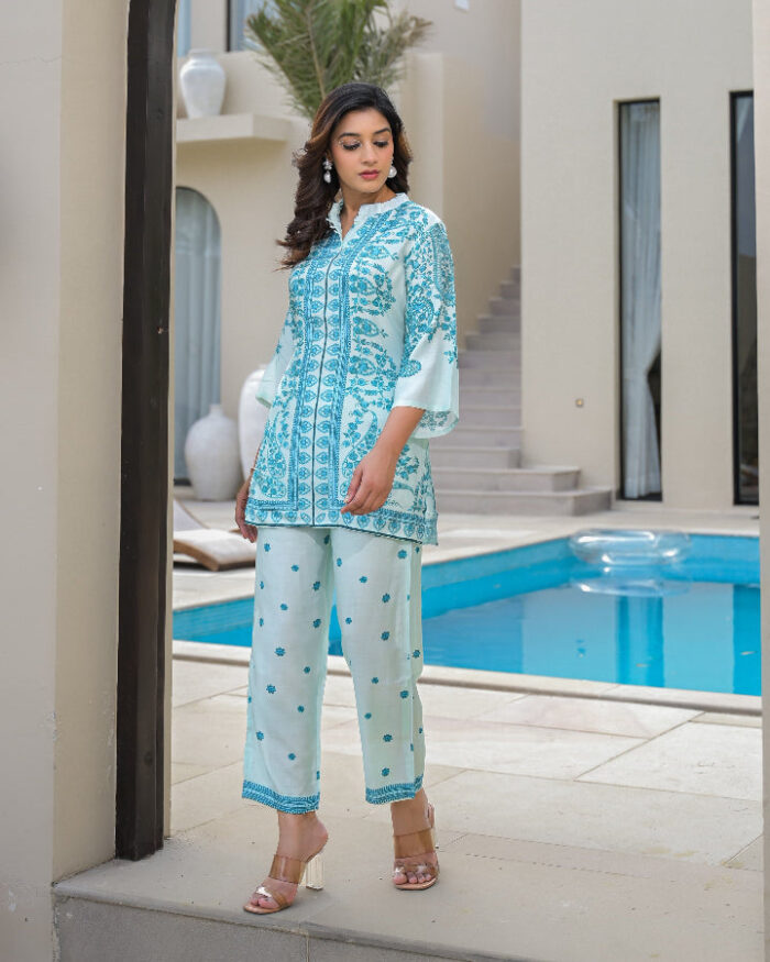 Light Blue Floral Print digital embroidered cord set for women