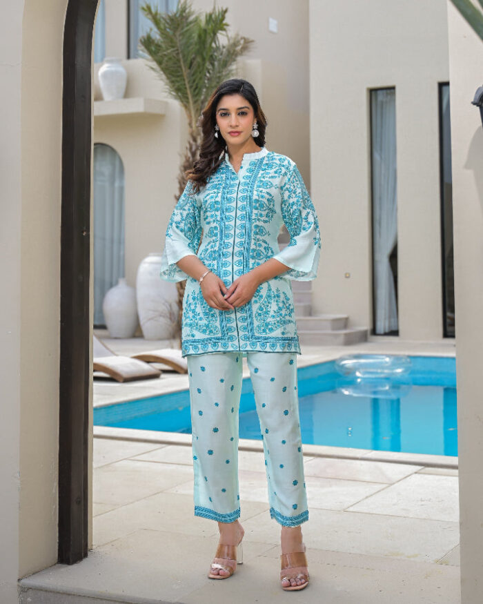 Light Blue Floral Print digital embroidered cord set for women