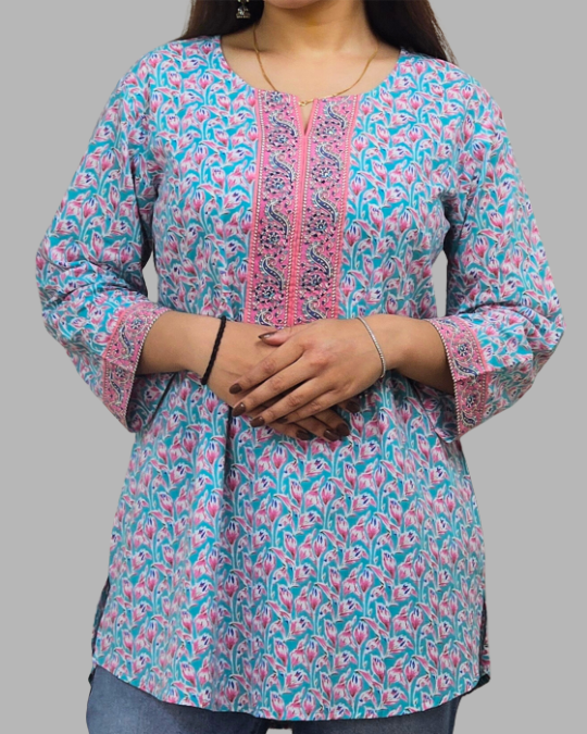 Sky Blue Katha Handwork Kurti for women