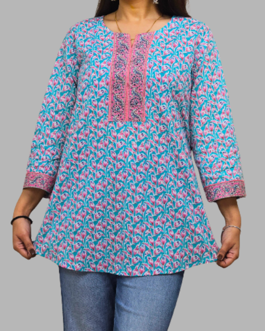 Sky Blue Katha Handwork Kurti for women