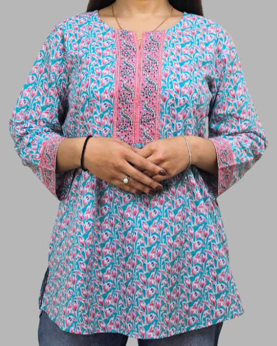Sky Blue Katha Handwork Kurti for women