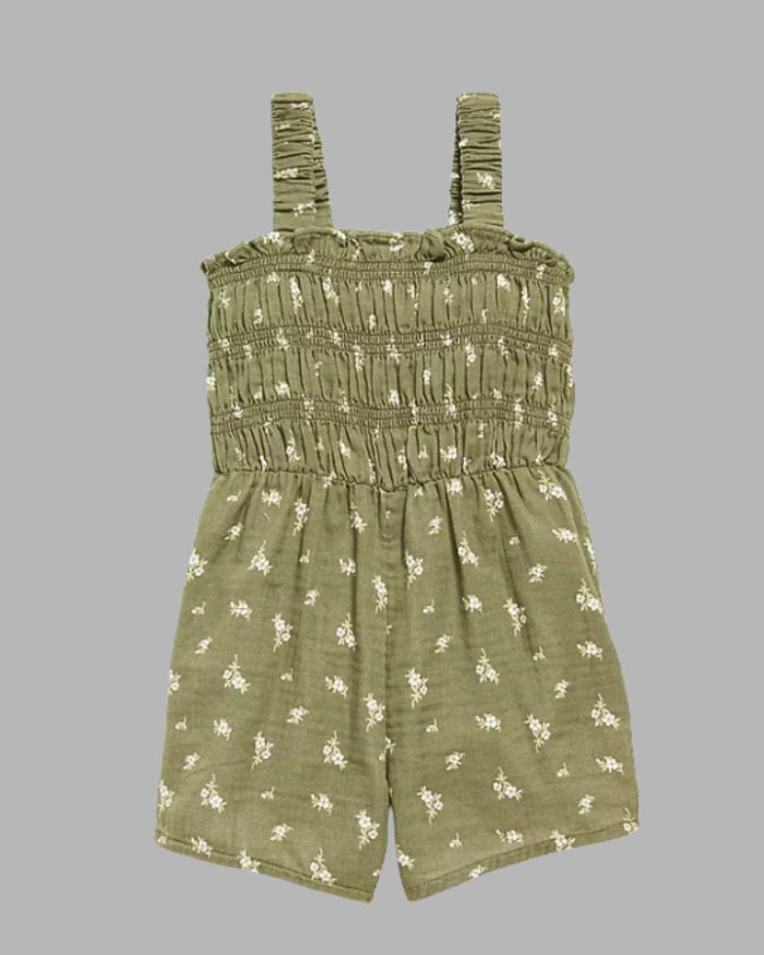 Sleeveless Smocked Double-Weave Green Romper for Toddler Girls