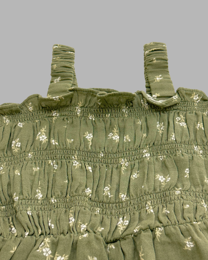 Sleeveless Smocked Double-Weave Green Romper for Toddler Girls