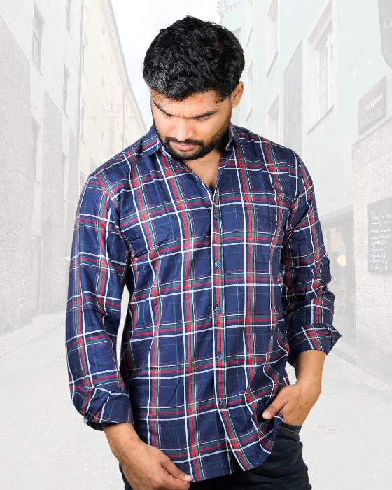 Stylish Cotton Twill Casual Dark Blue Checks Shirt ( SF)