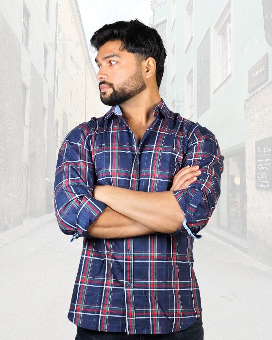 Stylish Cotton Twill Casual Dark Blue Checks Shirt ( SF)