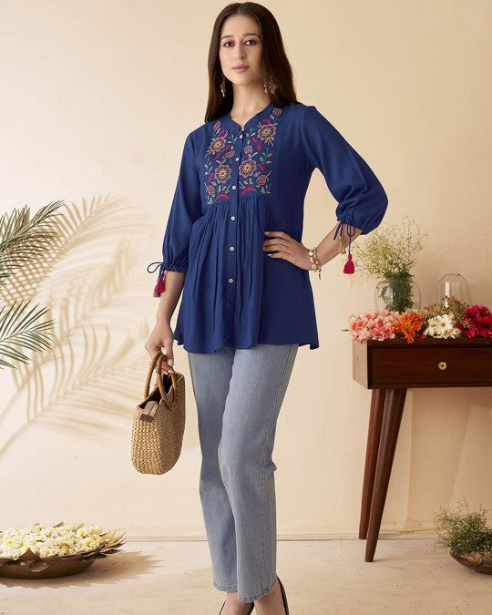 Navy blue Mandarin Collar Tunic Top