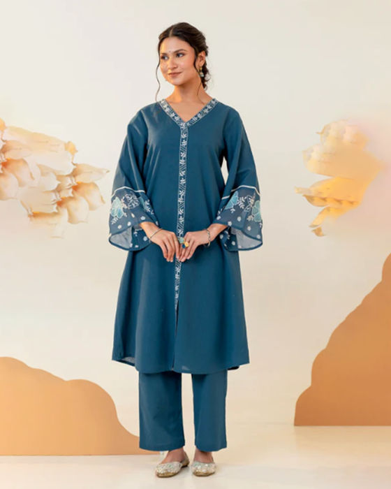 Teal Blue Embroidered 2 Pcs Kurta Set
