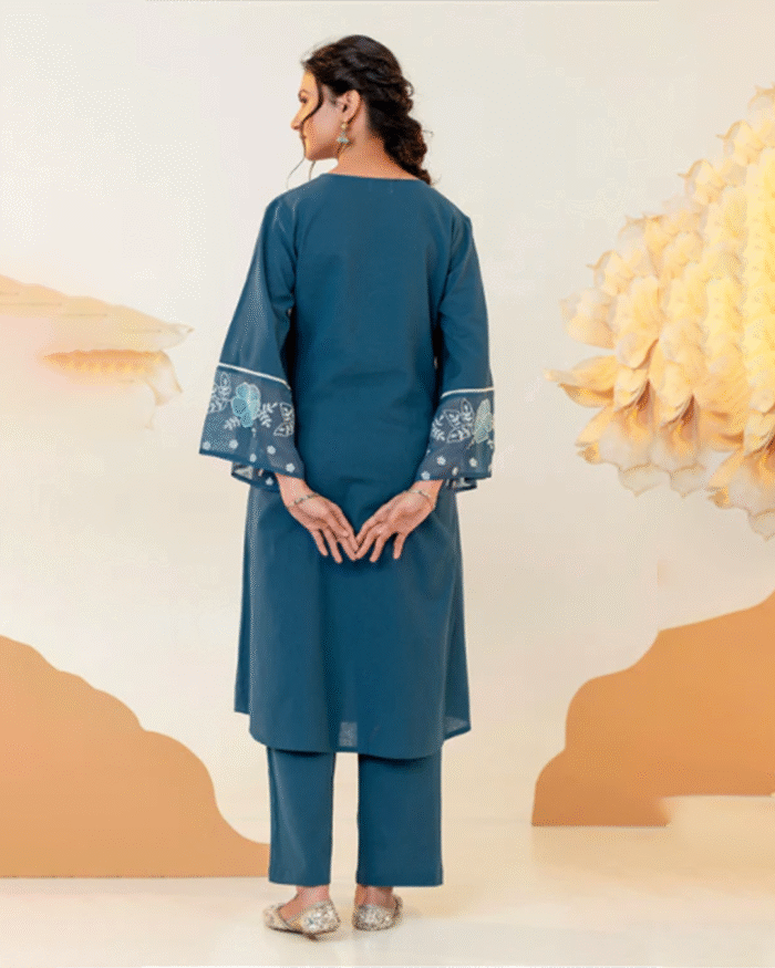Teal Blue Embroidered 2 Pcs Kurta Set