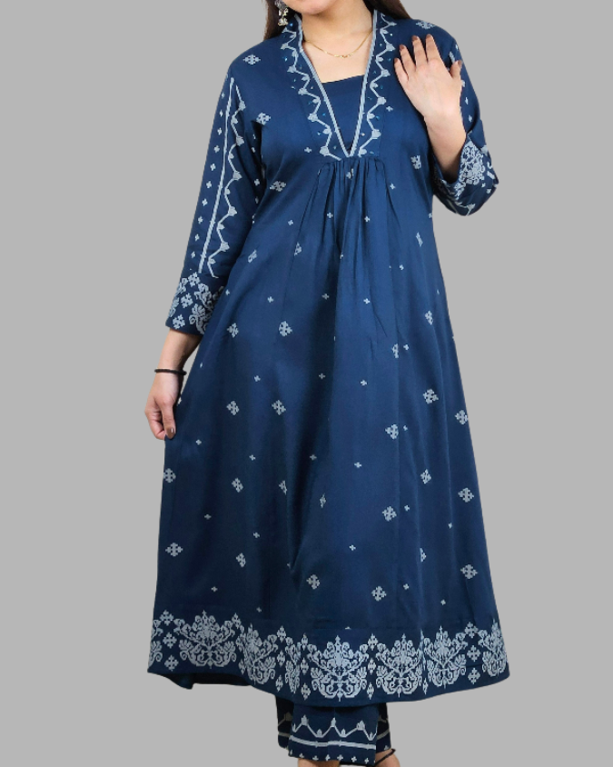 Teal V Neck 2 Pcs Anarkali Kurta Set