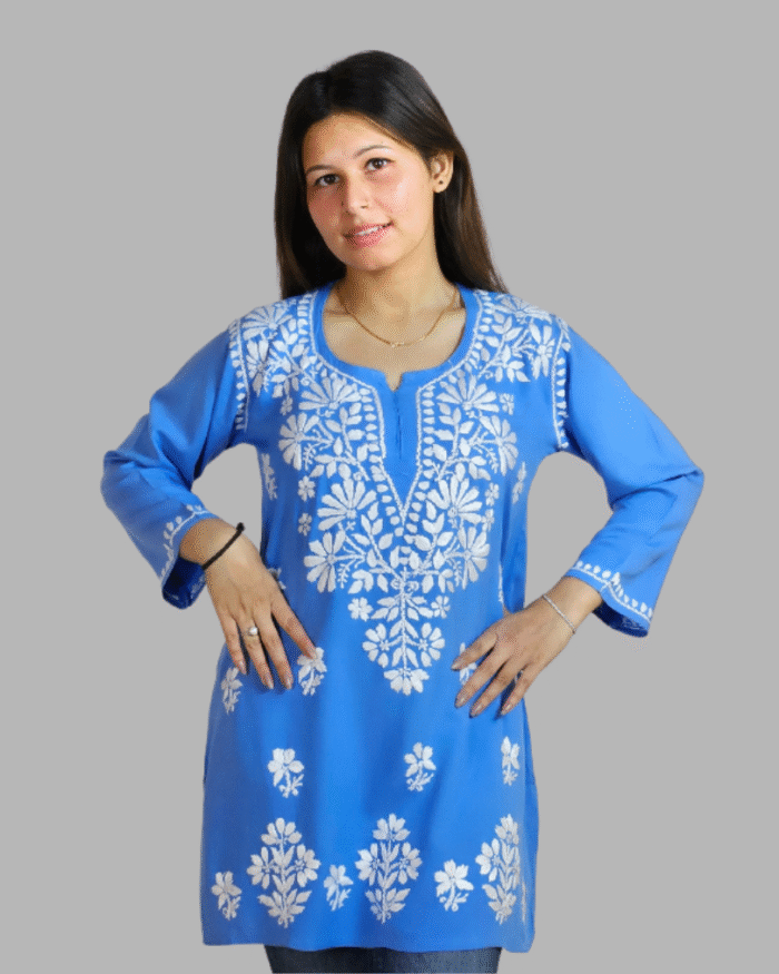 Powder Blue Plain Chikankari Short Kurti