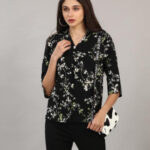 Black Floral Print V Neck Top