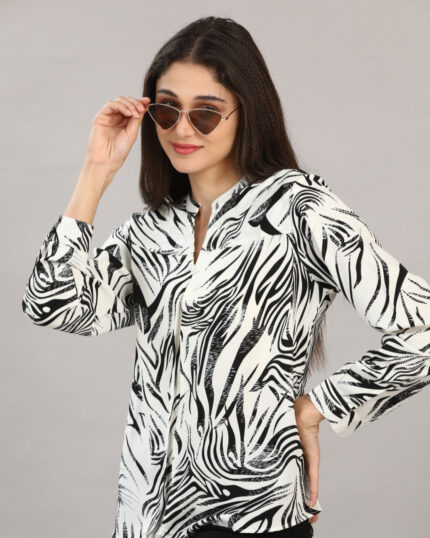 White With Black Mandarin Neck Tunic Top