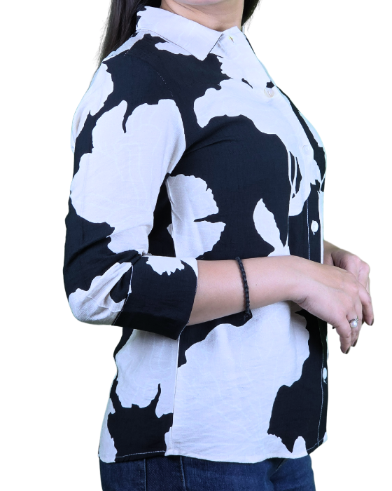 White With Black Print Shirt for Women
