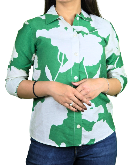 White_With_Green_Print_Shirt women white with green print shirt