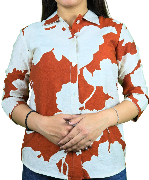 women white with orange print shirt trooking