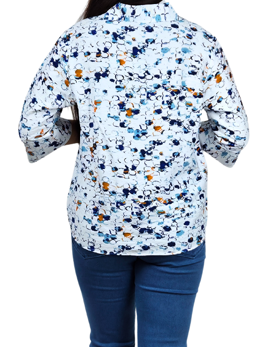 White with Orange and Blue Spoted Top