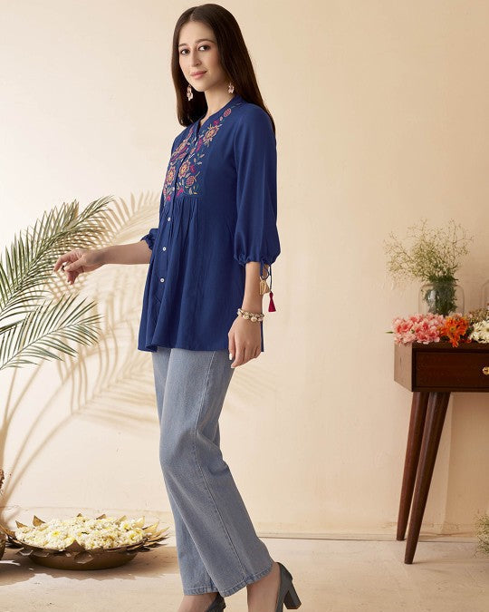 Navy blue Mandarin Collar Tunic Top