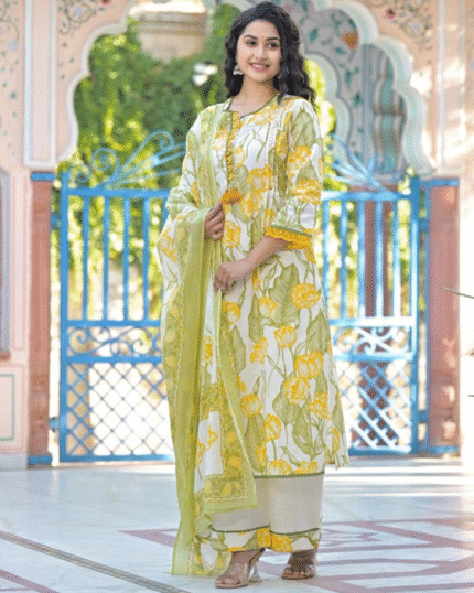 Yellow Floral Print 3 Pcs Suit