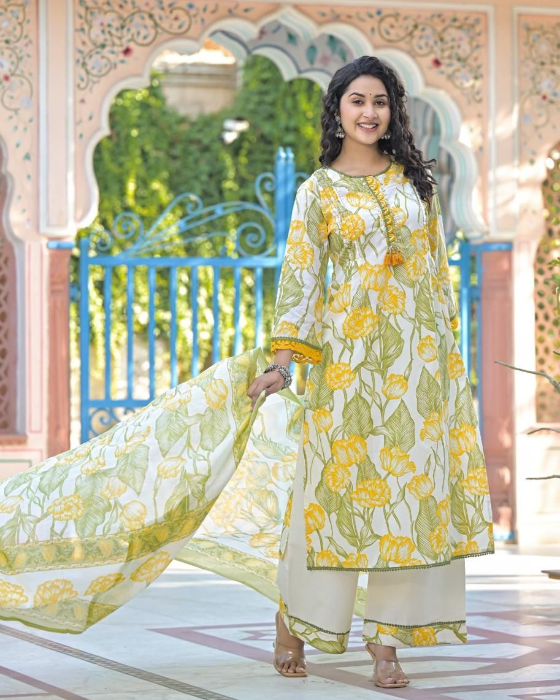Yellow Floral Print 3 Pcs Suit
