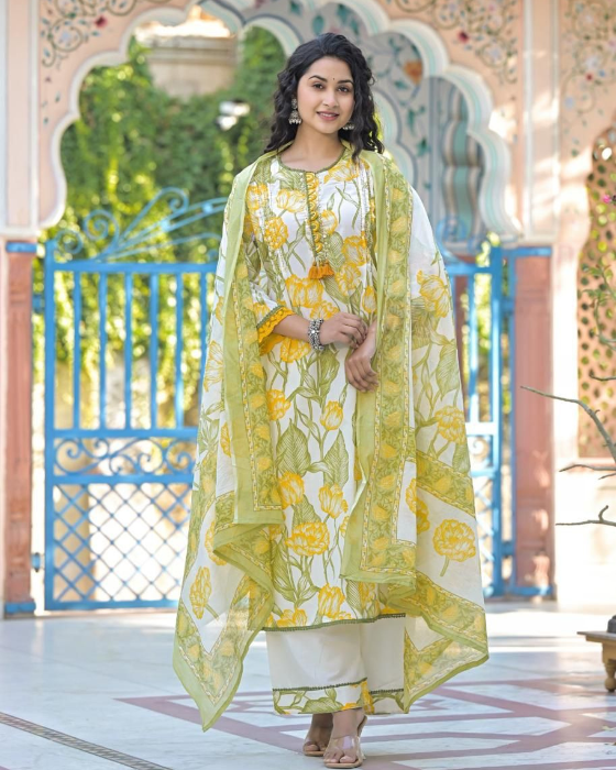 Yellow Floral Print 3 Pcs Suit